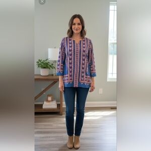 Bob Mackie Wearable Art Red, Yellow and Blue Graphic 3/4 Sleeve Tunic Women's S